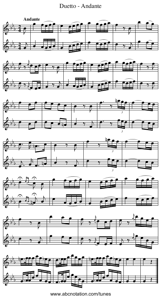 Duetto - Andante - staff notation