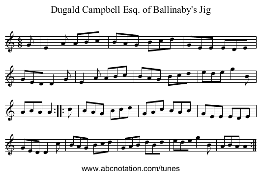 Dugald Campbell Esq. of Ballinaby's Jig - staff notation