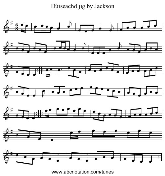 Dúiseachd jig by Jackson - staff notation