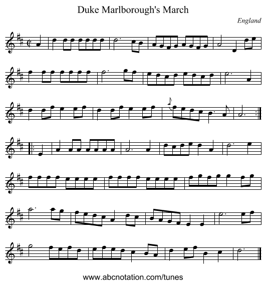 Duke Marlborough's March - staff notation