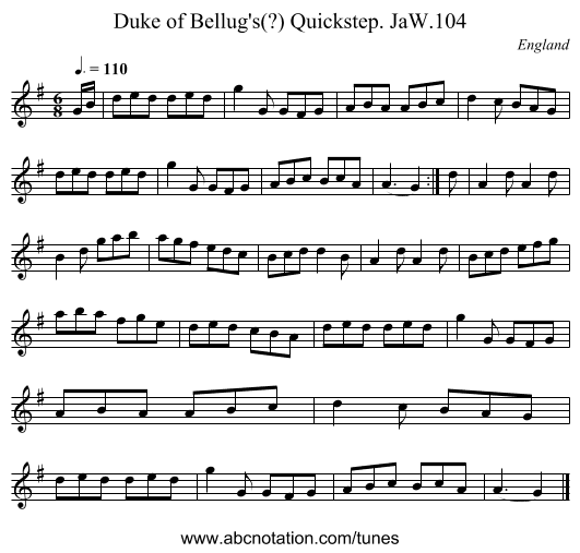 Duke of Bellug's(?) Quickstep. JaW.104 - staff notation