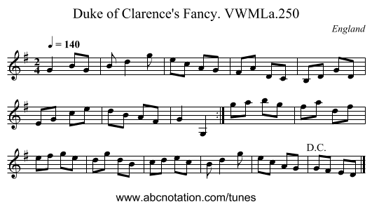 Duke of Clarence's Fancy. VWMLa.250 - staff notation