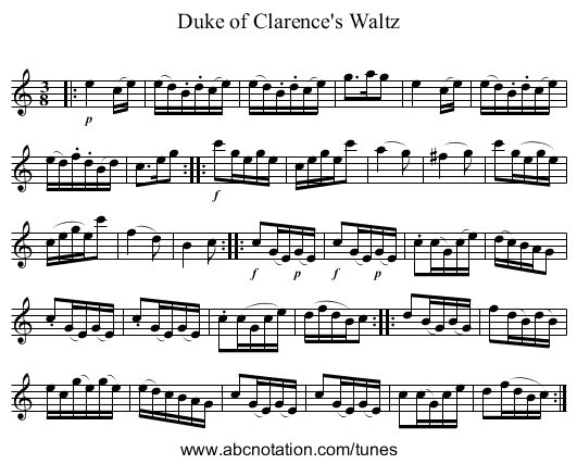 Duke of Clarence's Waltz - staff notation