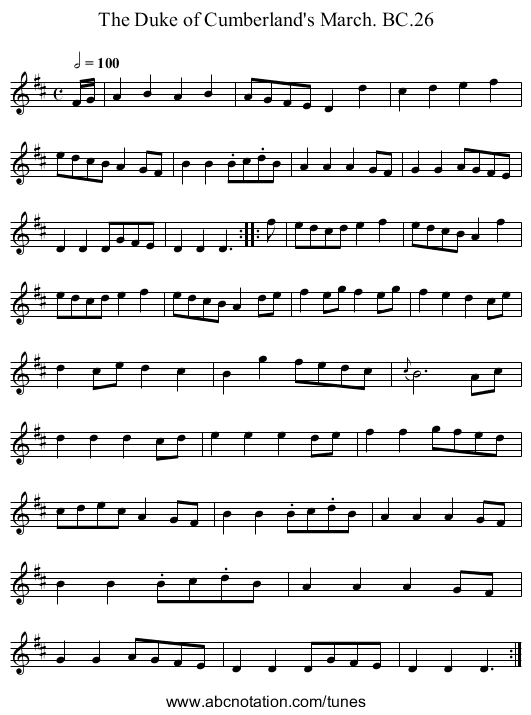 Duke of Cumberland's March. BC.26, The - staff notation