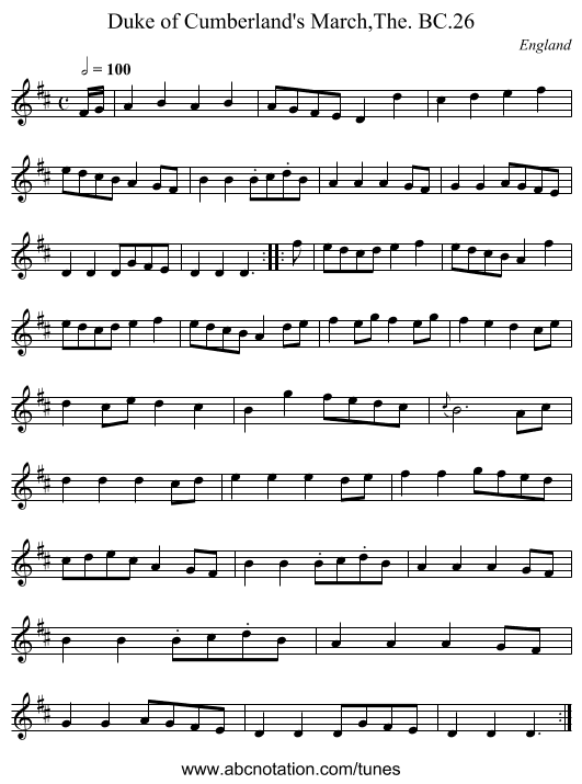 Duke of Cumberland's March,The. BC.26 - staff notation