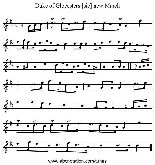 Duke of Glocesters [sic] new March - staff notation