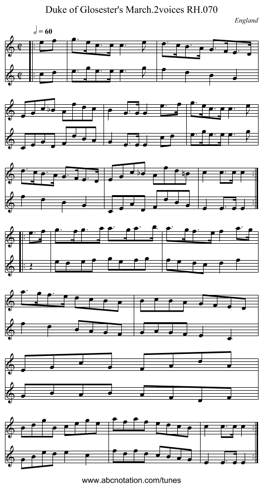 Duke of Glosester's March.2voices RH.070 - staff notation