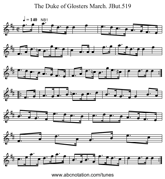 Duke of Glosters March. JBut.519, The - staff notation