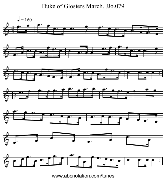 Duke of Glosters March. JJo.079 - staff notation