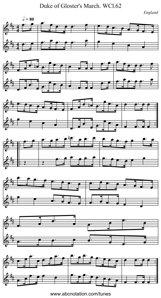 Duke of Gloster's March. WCl.62 - staff notation