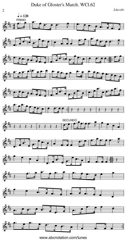 Duke of Gloster's March. WCl.62 - staff notation