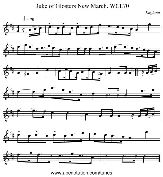 Duke of Glosters New March. WCl.70 - staff notation
