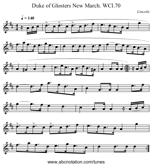 Duke of Glosters New March. WCl.70 - staff notation