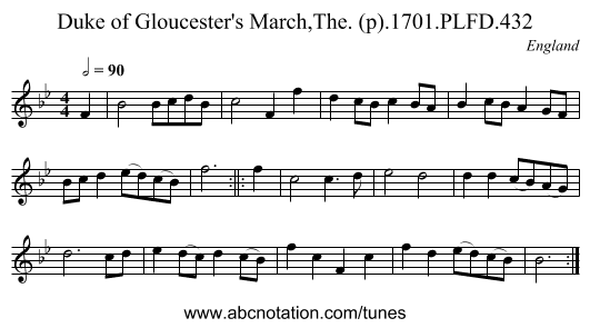 Duke of Gloucester's March,The. (p).1701.PLFD.432 - staff notation