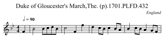 Duke of Gloucester's March,The. (p).1701.PLFD.432 - staff notation