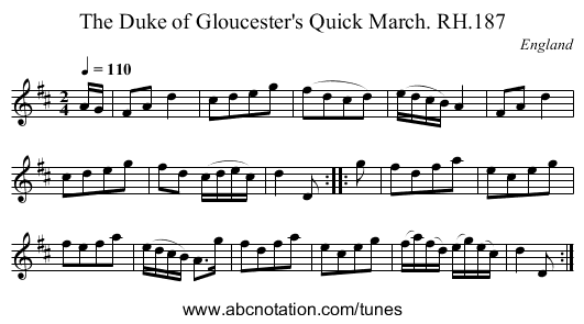 Duke of Gloucester's Quick March. RH.187, The - staff notation