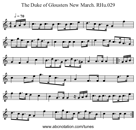 Duke of Glousters New March. RHu.029, The - staff notation
