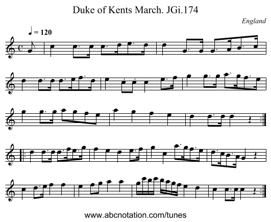 Duke of Kents March. JGi.174 - staff notation