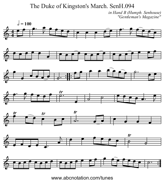 Duke of Kingston's March. SenH.094, The - staff notation