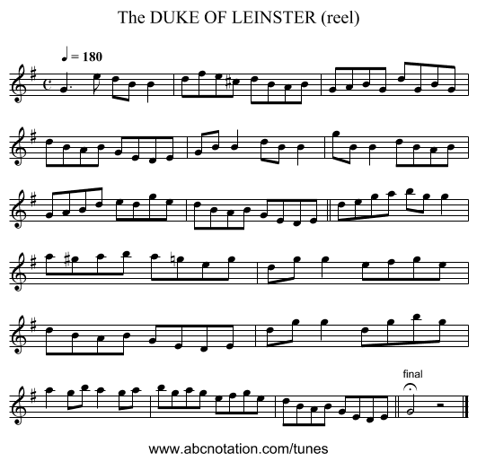 DUKE OF LEINSTER (reel), The - staff notation