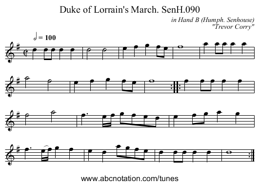 Duke of Lorrain's March. SenH.090 - staff notation