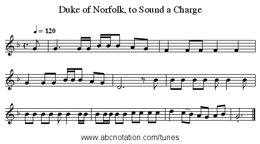 Duke of Norfolk, to Sound a Charge - staff notation