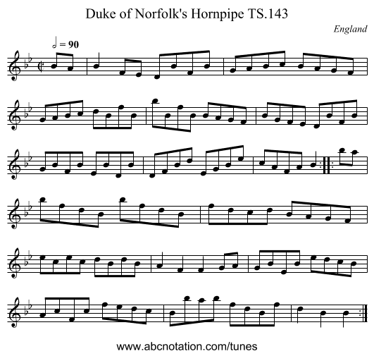 Duke of Norfolk's Hornpipe TS.143 - staff notation