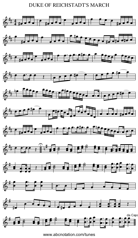 DUKE OF REICHSTADT'S MARCH - staff notation