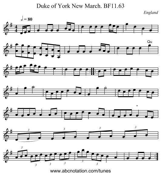 Duke of York New March. BF11.63 - staff notation