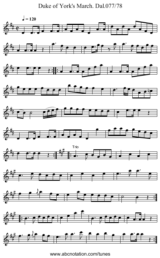 Duke of York's March. Dal.077/78 - staff notation