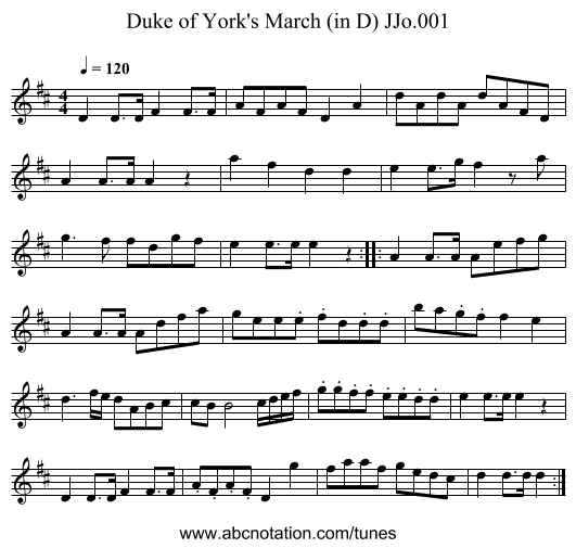 Duke of York's March (in D) JJo.001 - staff notation