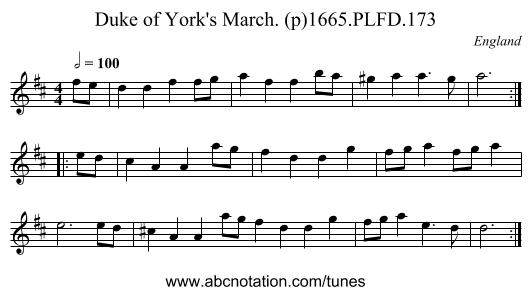 Duke of York's March. (p)1665.PLFD.173 - staff notation