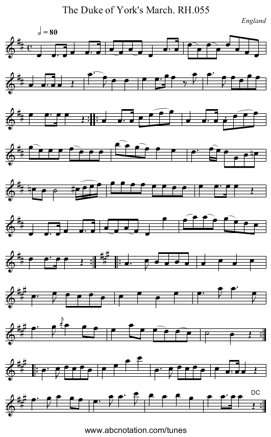 Duke of York's March. RH.055, The - staff notation