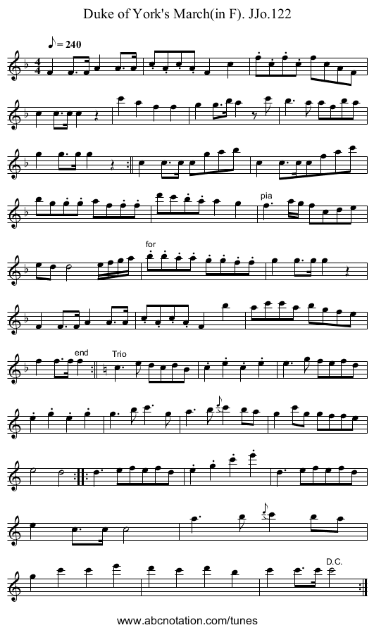 Duke of York's March(in F). JJo.122 - staff notation