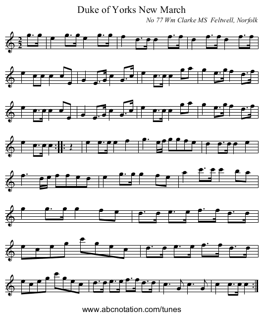 Duke of Yorks New March - staff notation