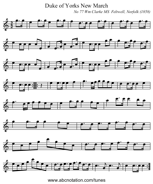 Duke of Yorks New March - staff notation