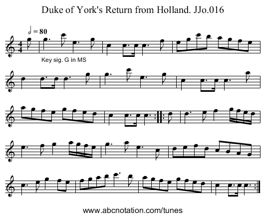 Duke of York's Return from Holland. JJo.016 - staff notation
