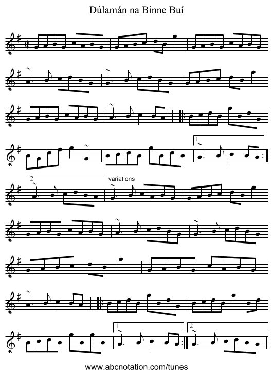 Dúlamán na Binne Buí - staff notation
