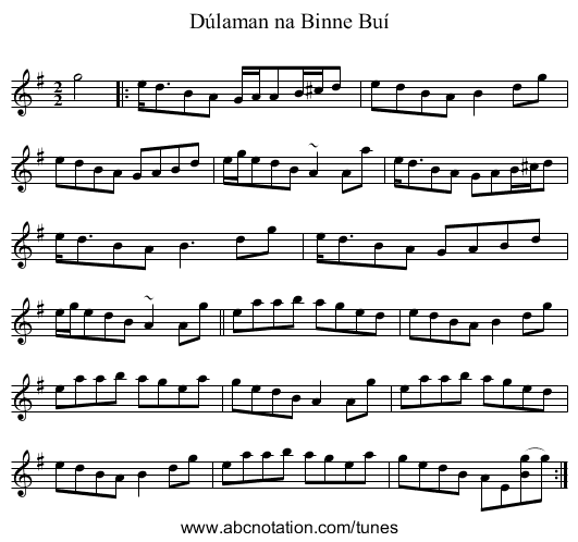 Dúlaman na Binne Buí - staff notation