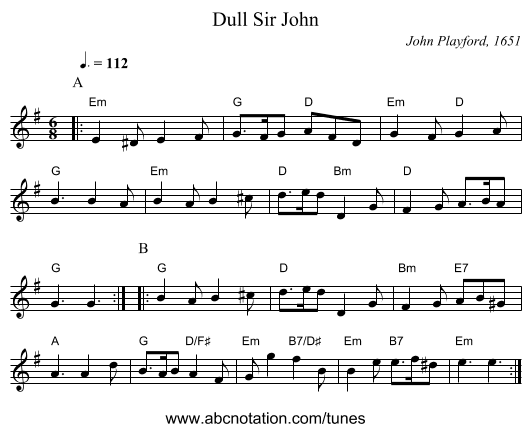 Dull Sir John - staff notation