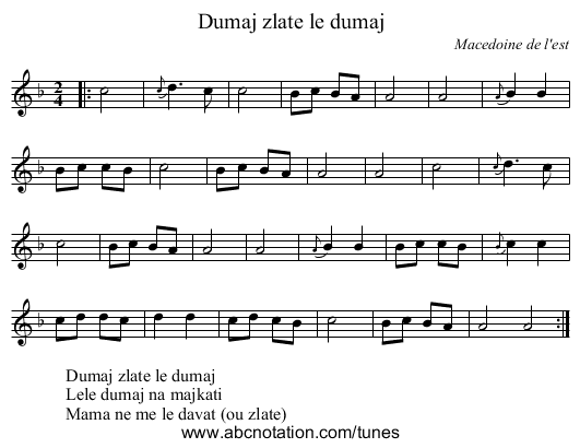 Dumaj zlate le dumaj - staff notation