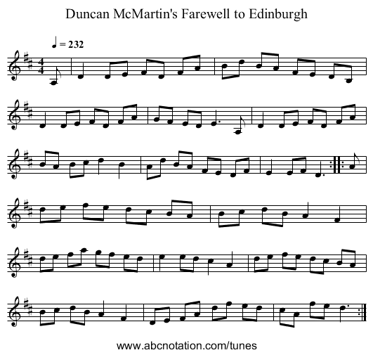 Duncan McMartin's Farewell to Edinburgh - staff notation