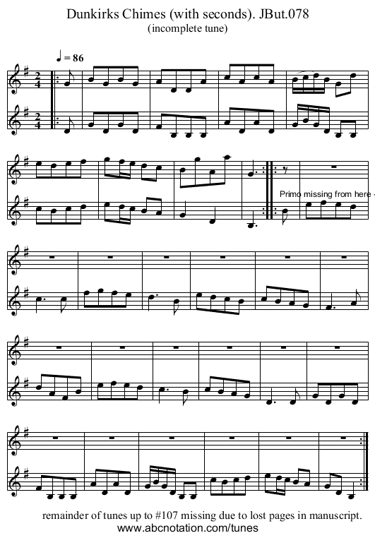 Dunkirks Chimes (with seconds). JBut.078 - staff notation