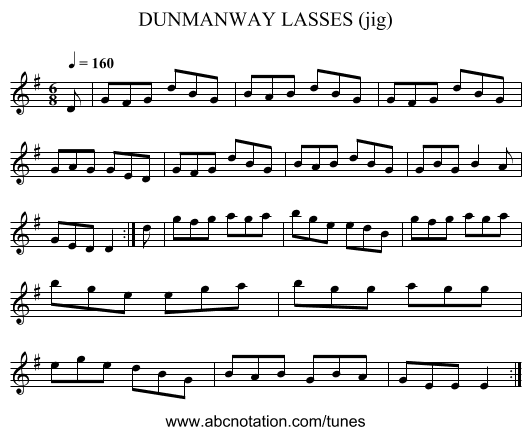 DUNMANWAY LASSES (jig) - staff notation