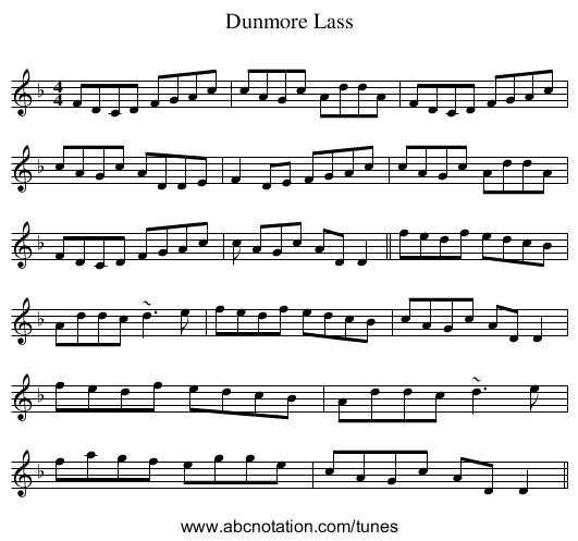 Dunmore Lass - staff notation