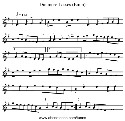 Dunmore Lasses (Emin) - staff notation