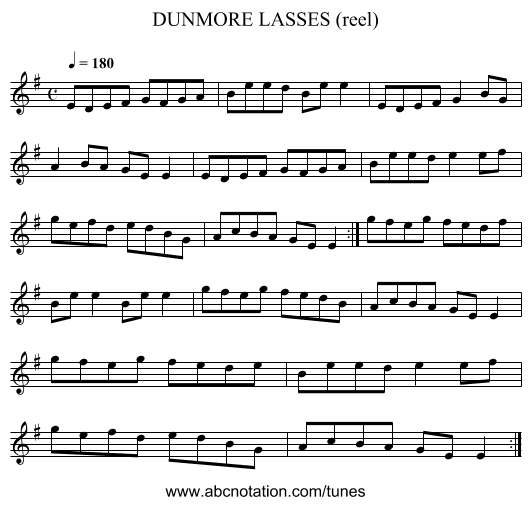 DUNMORE LASSES (reel) - staff notation