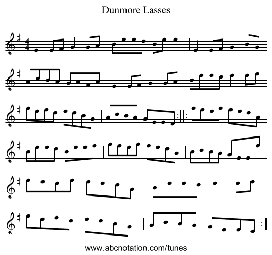 Dunmore Lasses - staff notation