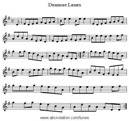Dunmore Lasses - staff notation