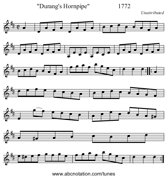 Durang's Hornpipe                  1772 - staff notation